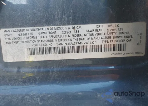 2010 Volkswagen Jetta Tdi из США, поврежденный, VIN 3VWPL8AJ7AM692104